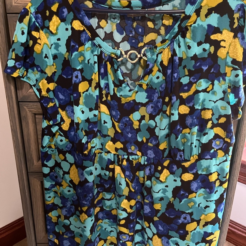 Apt. 9 Multicolor Floral Print Cap Sleeve Top — Teal, Navy, Yellow 1x